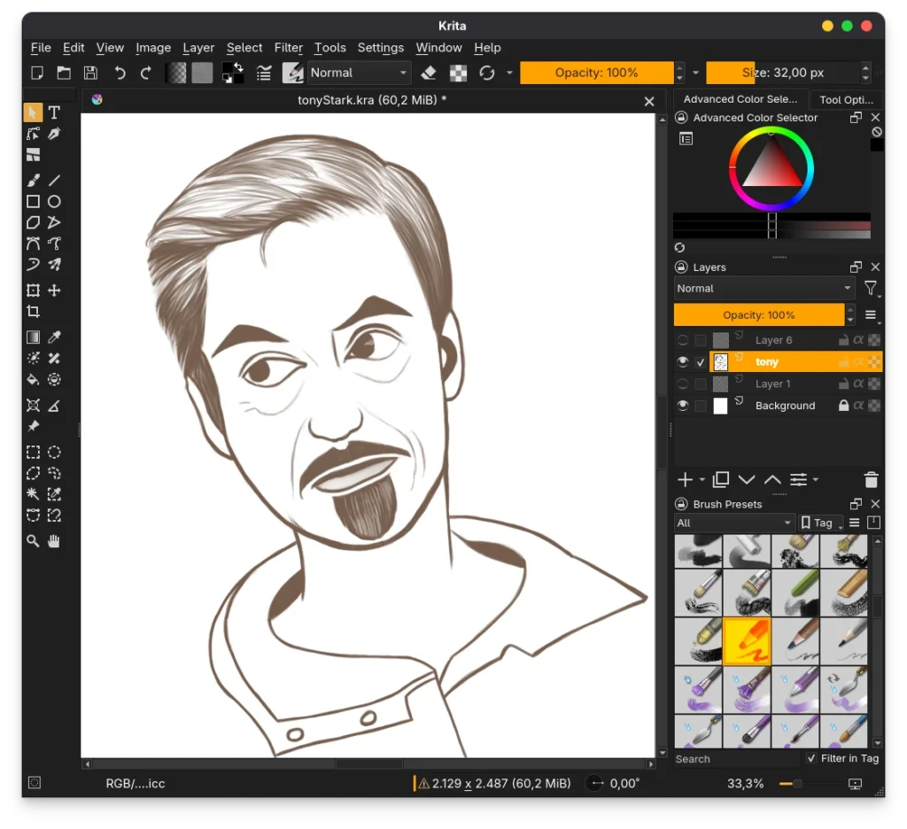 Desenho no Krita usando camadas de rascunho lineart e cores